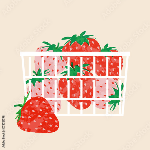 Strawberries in basket colorful wallpaper print background. Fruit illustration isolated on background. Greeting card with strawberry for your design