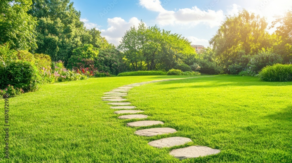 A serene garden path winding through lush greenery under a bright sky. A serene garden path winding through lush greenery under a bright sky.