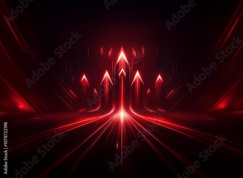 A dark background with red glowing arrows pointing upwards and radiating outward.  The arrows are on a red glowing road that appears to be opening up in front of the viewer.