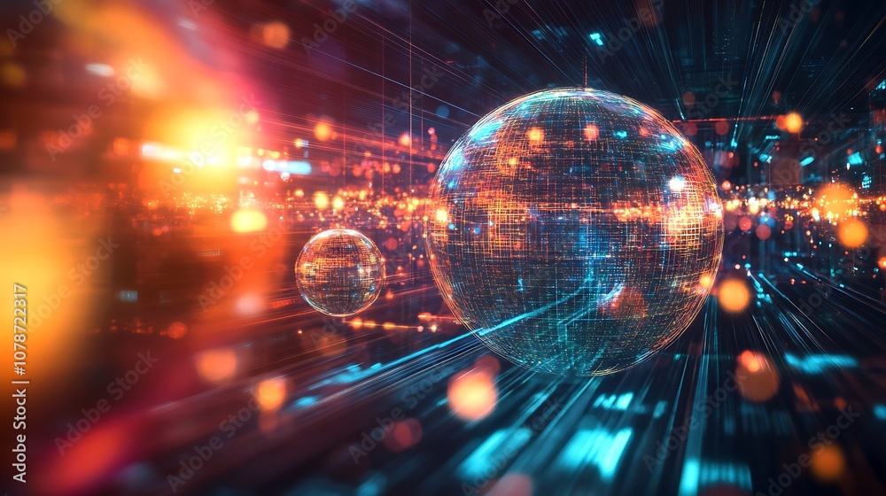 Abstract glowing spheres floating in a dark digital space with vibrant light reflections