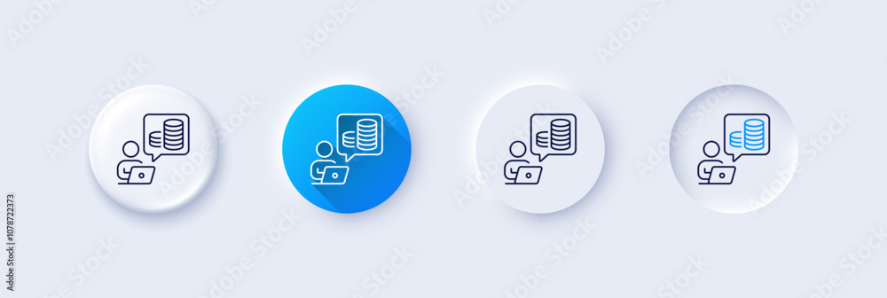 Budget accounting line icon. Neumorphic, Blue gradient, 3d pin buttons. Online investment sign. Internet loan symbol. Line icons. Neumorphic buttons with outline signs. Vector Budget accounting line icon. Neumorphic, Blue gradient, 3d pin buttons. Online investment sign. Internet loan symbol. Line icons. Neumorphic buttons with outline signs. Vector