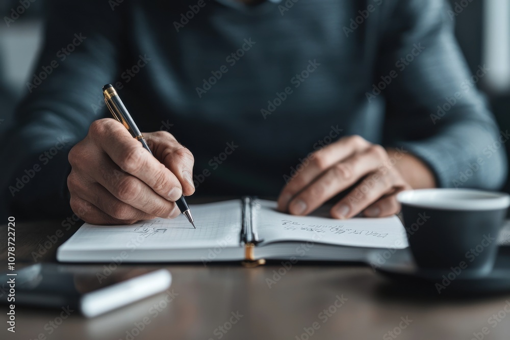 Elderly man carefully calculates retirement expenses using a notebook for effective financial planning Elderly man carefully calculates retirement expenses using a notebook for effective financial planning