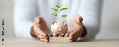 Cultivating financial security how hands holding a piggy bank and growing plant symbolize effective retirement planning photo