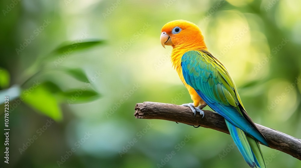 A vibrant yellow, blue, and green parrot perched on a branch. A vibrant yellow, blue, and green parrot perched on a branch.