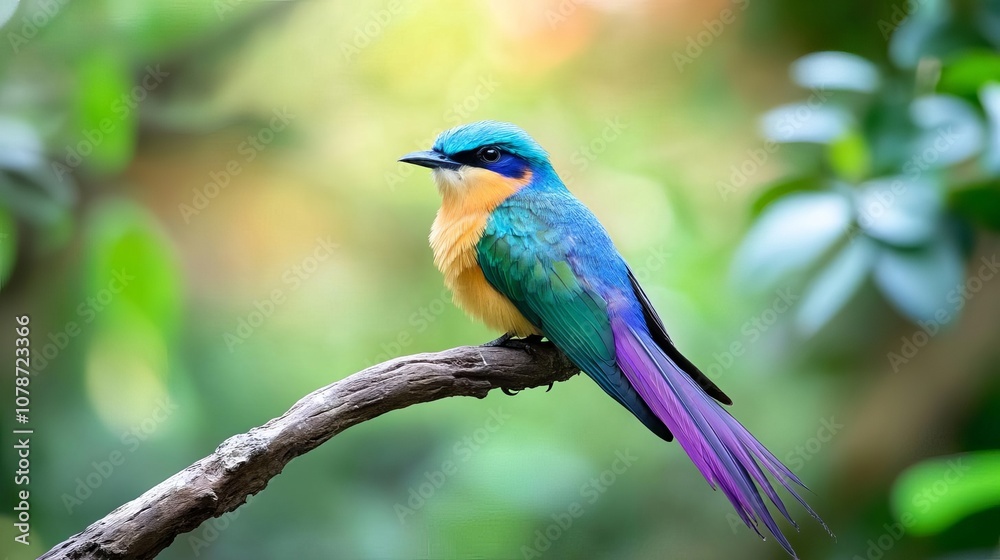 Obraz premium Vibrant blue and purple bird perched on a branch in a lush green forest.