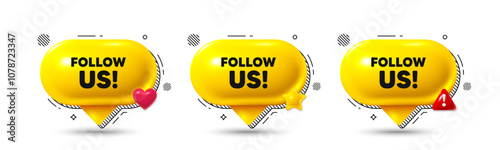 Chat speech bubble 3d icons. Follow us tag. Special offer sign. Super offer symbol. Follow us chat offer. Speech bubble banners. Text box balloon. Vector