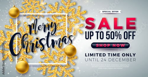 Christmas Sale Design with Gold Ornamental Ball and Glittered Snowflake on Red Background. Holiday Vector Business Illustration with Special Offer Typography Elements for Coupon, Voucher, Banner