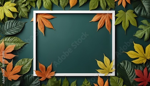 Empty Poster Frame Surrounded by Beautiful Leaf Background Perfect for Nature Inspired Displays and Wall Art Decoration