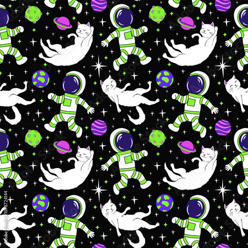 Astronaut and Cats in space, psychedelic cartoon seamless pattern