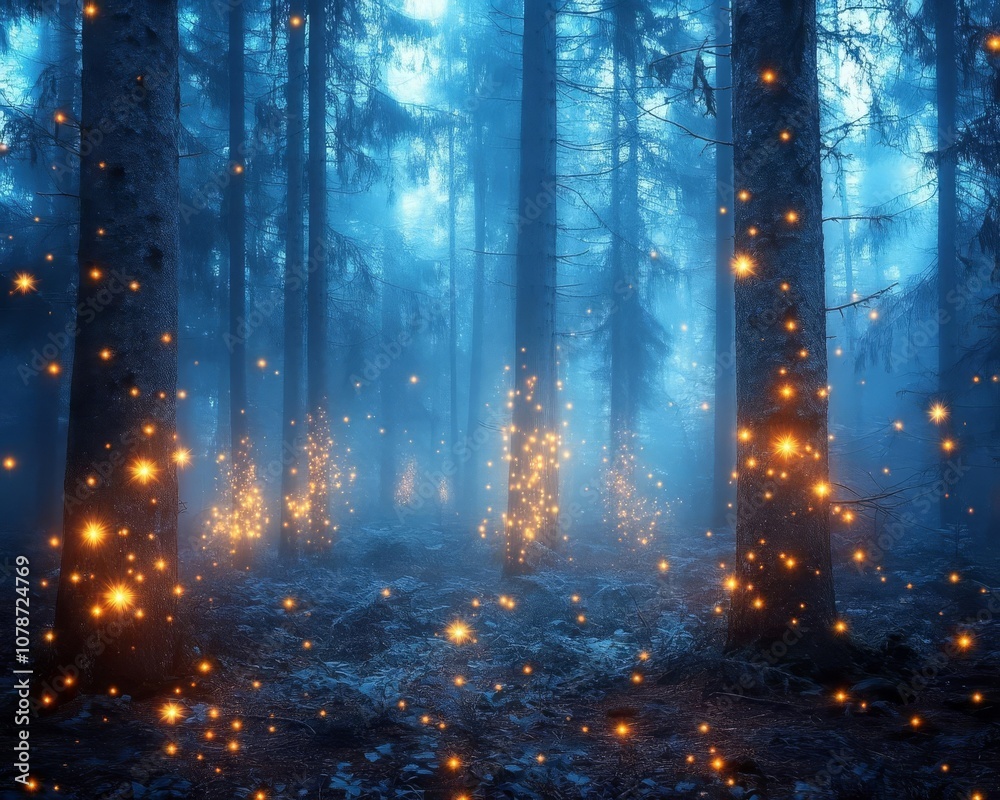 Enchanted forest with glowing lights and fog. Enchanted forest with glowing lights and fog.