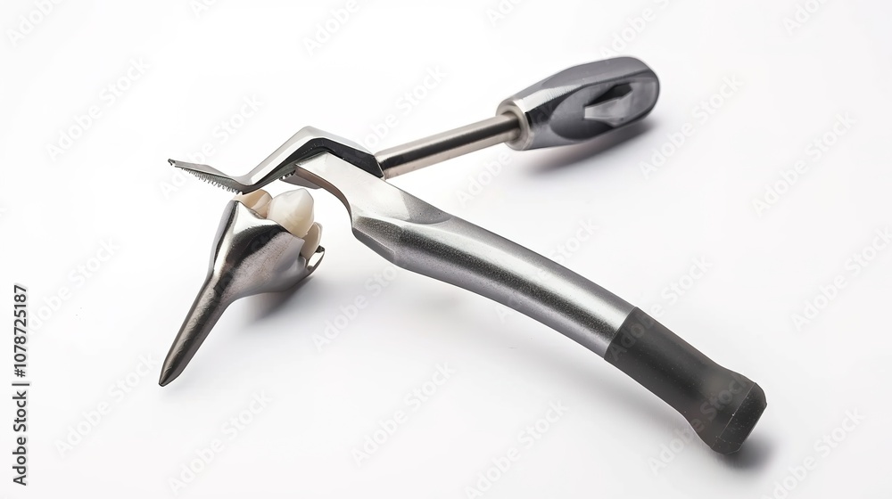 Obraz premium A Single Tooth Standing Isolated with a Tool Beside It on a Clean White Background. Detailed View of Dental Object and Associated Implement in a Plain Setting.