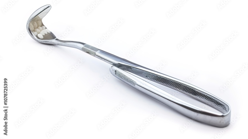 A Single Tooth Standing Isolated with a Tool Beside It on a Clean White Background. Detailed View of Dental Object and Associated Implement in a Plain Setting. A Single Tooth Standing Isolated with a Tool Beside It on a Clean White Background. Detailed View of Dental Object and Associated Implement in a Plain Setting.