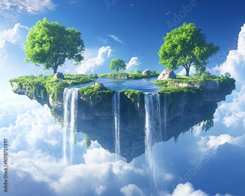 Floating island in the sky with waterfalls and trees photo