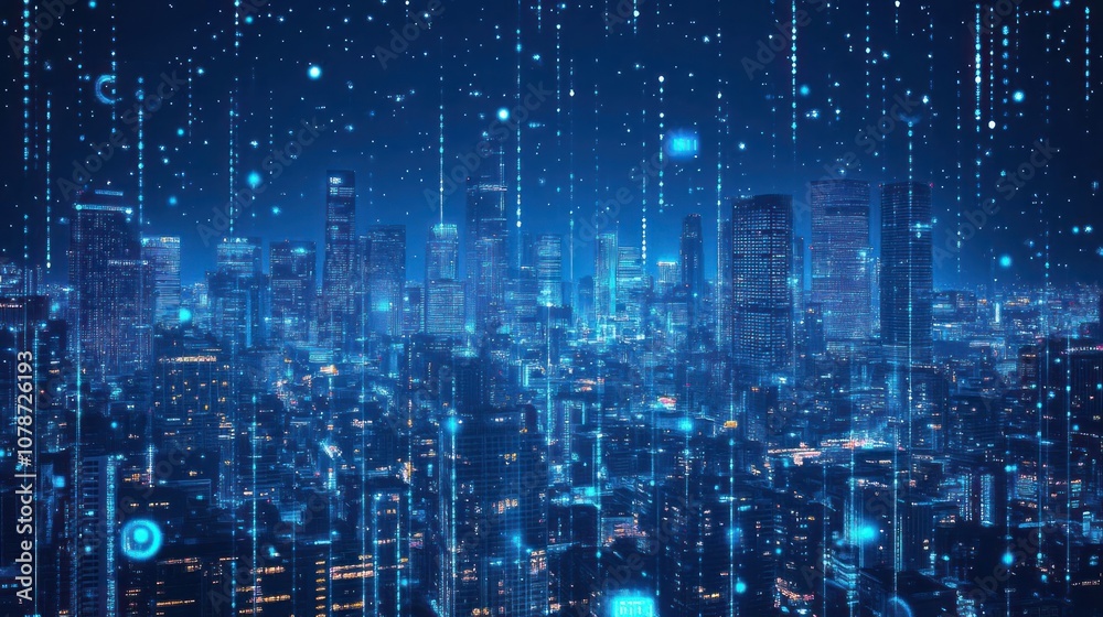 A futuristic cityscape with digital rain falling, creating a sense of technological advancement. A futuristic cityscape with digital rain falling, creating a sense of technological advancement.
