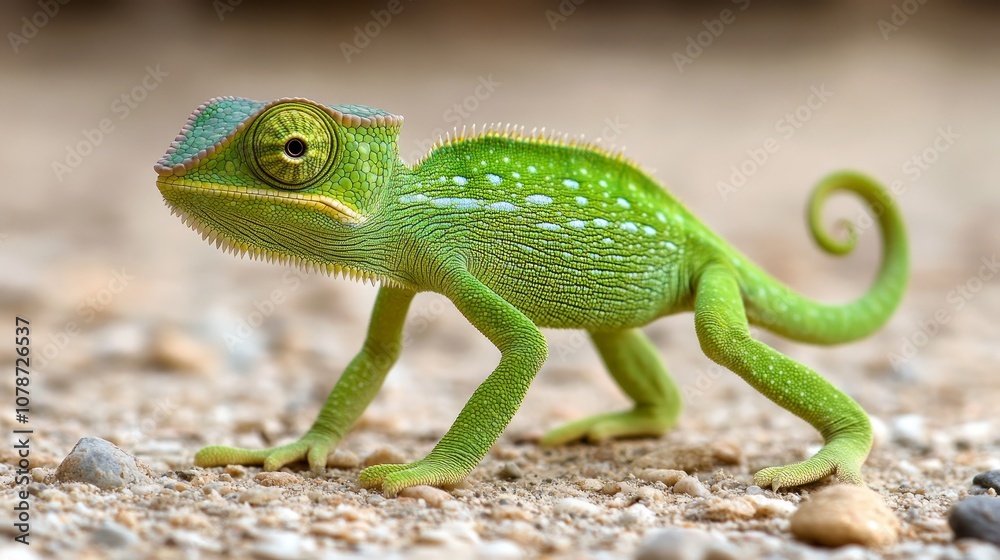 A green chameleon with white spots walks on a bed of small pebbles, its tail curled in a spiral. A green chameleon with white spots walks on a bed of small pebbles, its tail curled in a spiral.