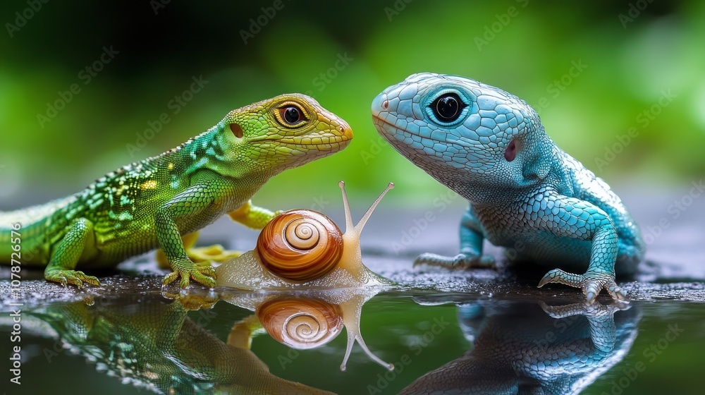 Fototapeta premium A green and blue lizard look at each other with a snail between them, reflected in the water.