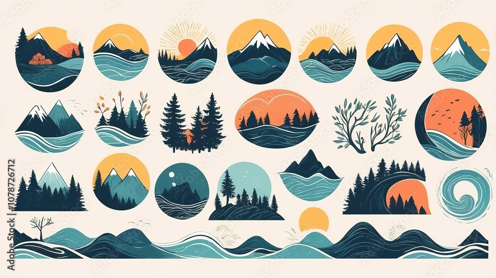 Naklejka premium Sun, trees, mountains, and waves in a hand-drawn natural element set.
