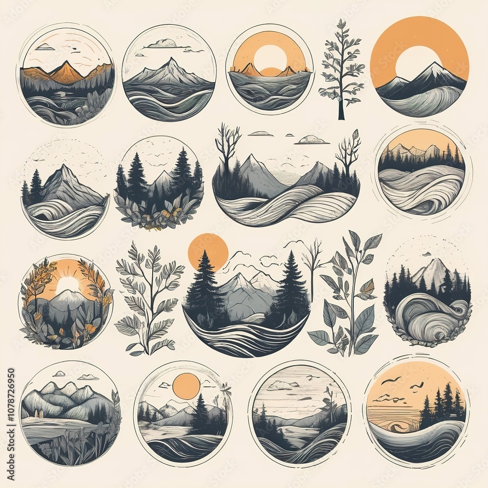 Naklejka premium Collection of hand-drawn nature icons: sun, trees, mountains, waves