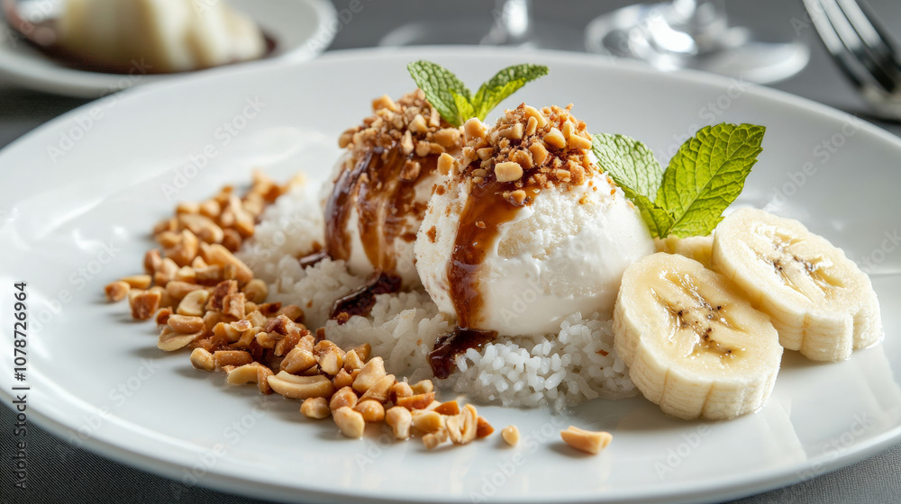 Sticky Rice with Coconut Milk Ice Cream, Banana, and Topped with Nuts