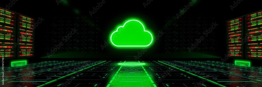 Neon green data storage technology concept with cloud upload symbol on black background, 3d render, black background, technology Neon green data storage technology concept with cloud upload symbol on black background, 3d render, black background, technology
