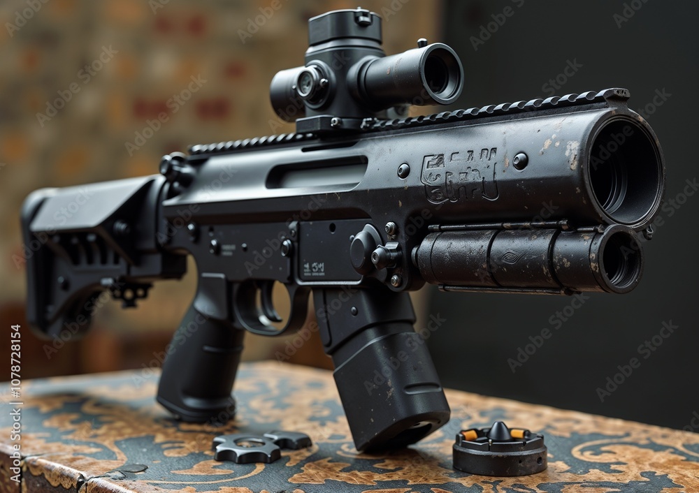 Obraz premium A fancy black tactical rifle with a telescopic sight on an ornate wooden surface
