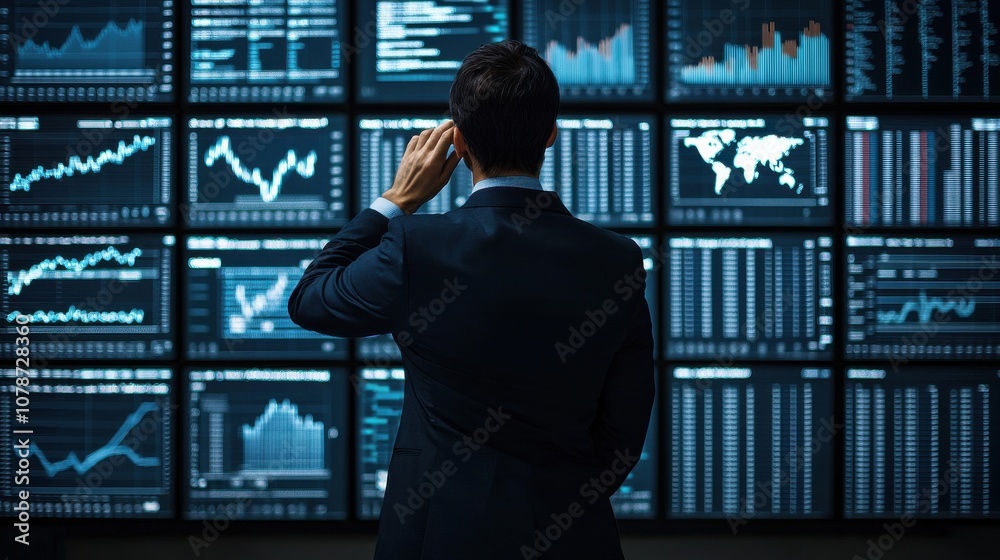 Fototapeta premium Businessperson analyzes data trends on large screen to drive strategic decisions