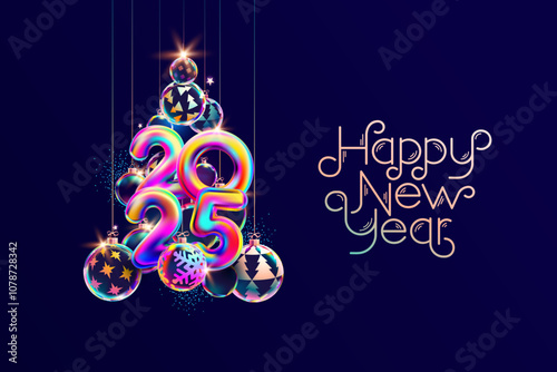 New year tree made of Christmas balls and calendar date. Iridescent  greeting card design with iridescent numbers.