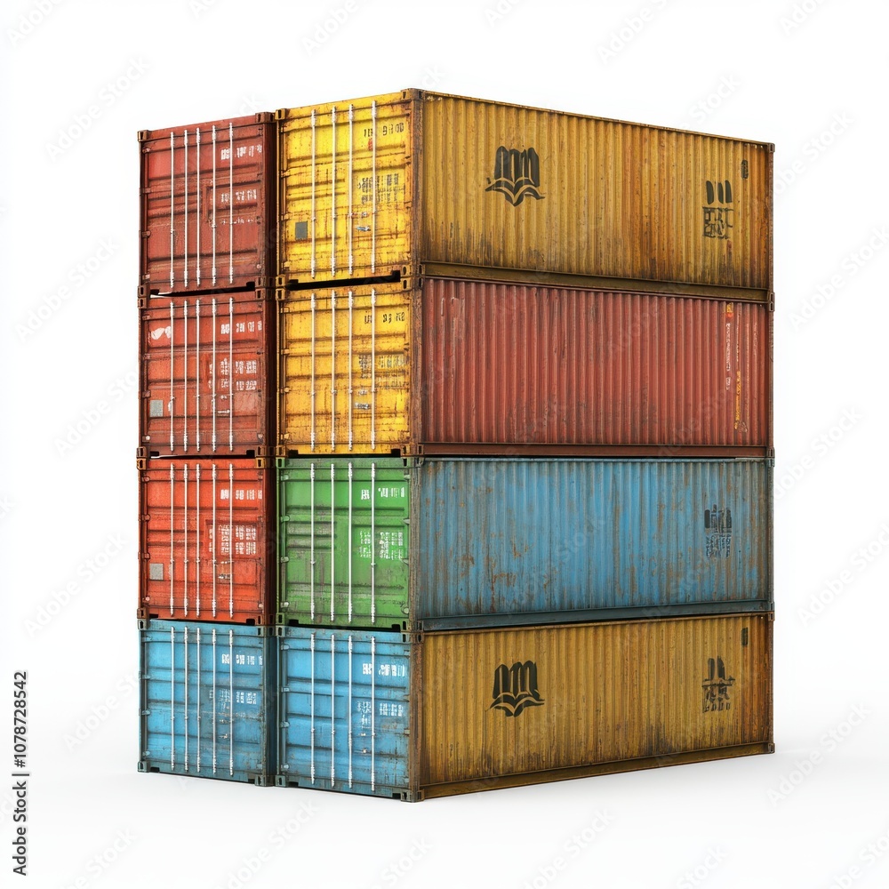 Fototapeta premium A stacked arrangement of colorful shipping containers, showcasing their rugged textures and vibrant colors in a modern industrial design.