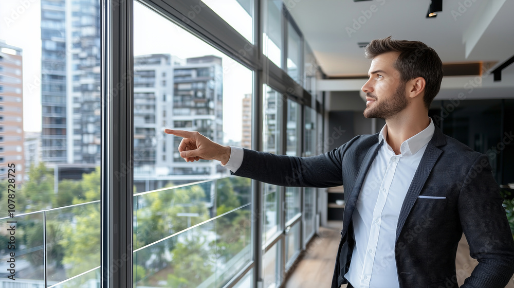 Agent Showcasing Apartment Features Through Large Window Agent Showcasing Apartment Features Through Large Window