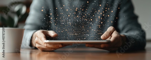 Hands interact with digital tablet to visualize data through interactive charts for enhanced data analytics