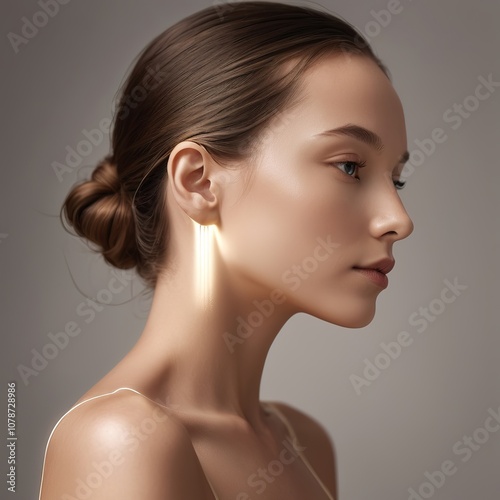 Side profile of woman with luminous skin, elegant and minimalist portrait.