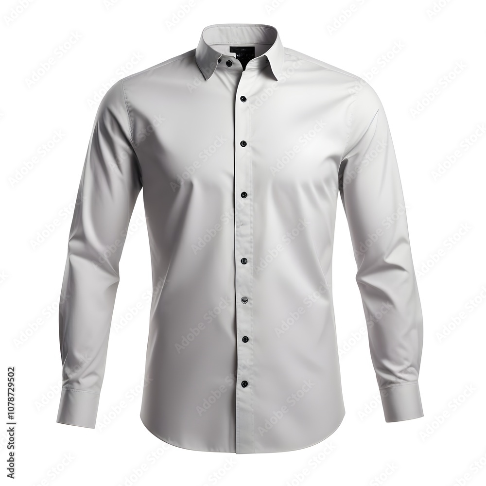 A white button-up dress shirt with a collar and long sleeves A white button-up dress shirt with a collar and long sleeves