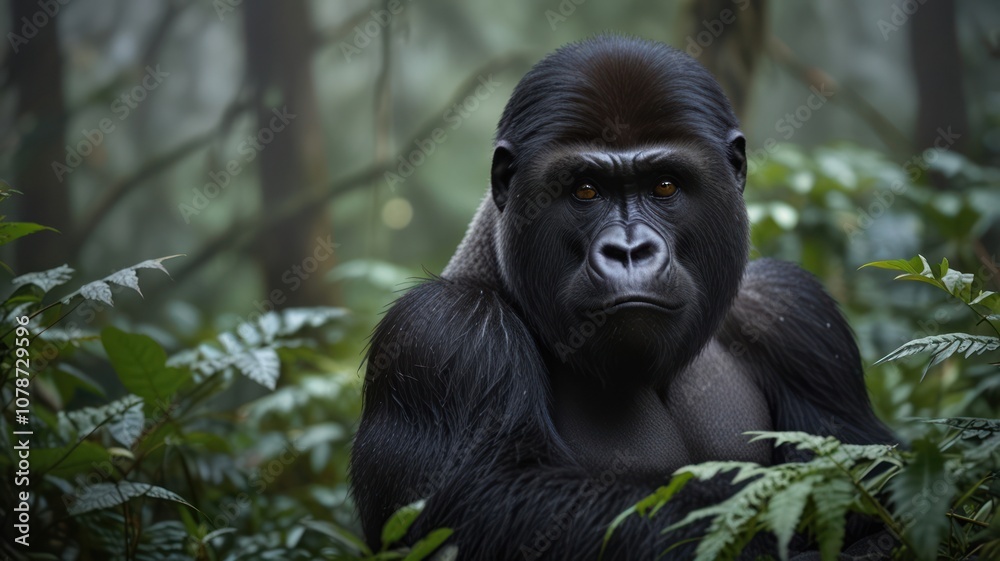 A powerful male gorilla stares intensely from the jungle. A powerful male gorilla stares intensely from the jungle.