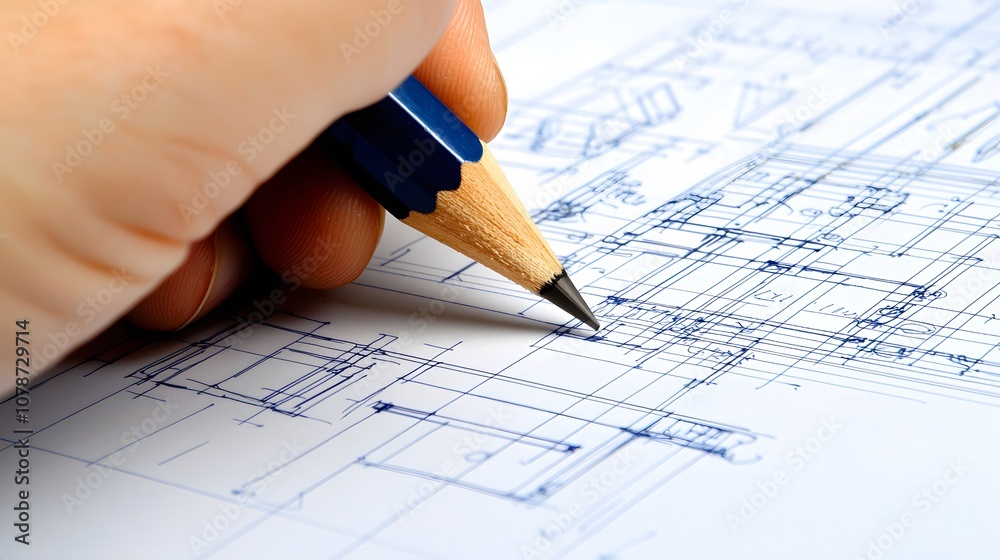 Blueprint Precision: A close-up shot of a hand holding a mechanical pencil, meticulously sketching intricate lines on a pristine sheet of engineering drawing paper. The focus is on the lead Blueprint Precision: A close-up shot of a hand holding a mechanical pencil, meticulously sketching intricate lines on a pristine sheet of engineering drawing paper. The focus is on the lead
