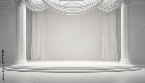A white stage with two columns and white curtains is ready for a performance