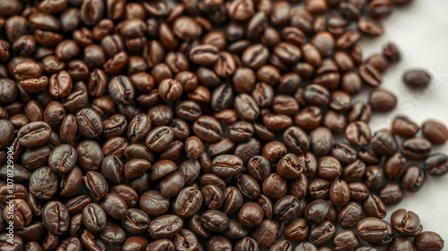 Rows of roasted coffee beans in perfect alignment on a white background, brown, beverage