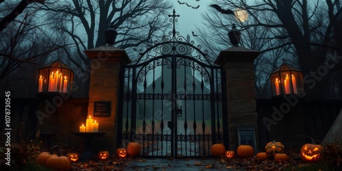 Spooky Halloween churchyard gate scene with pumpkins, candles, bats, eerie atmosphere, candles, mystical photo