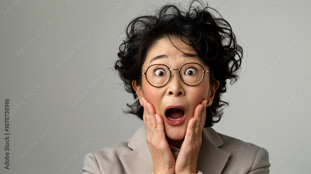 Portrait of a mature woman with glasses expressing surprise and shock, hands framing her face. Captured with a dramatic and emotive expression against a neutral background Portrait of a mature woman with glasses expressing surprise and shock, hands framing her face. Captured with a dramatic and emotive expression against a neutral background