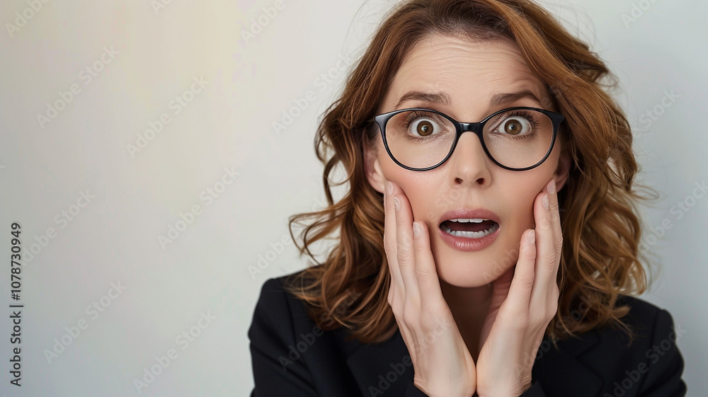 Portrait of a woman with glasses and wavy hair, expressing surprise and concern with a dramatic touch. Her hands touch her face, accentuating her emotional reaction Portrait of a woman with glasses and wavy hair, expressing surprise and concern with a dramatic touch. Her hands touch her face, accentuating her emotional reaction