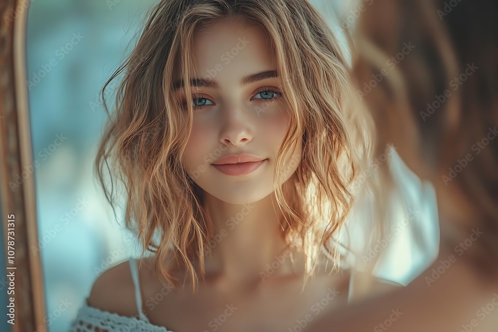 Smiling Woman Looking in the Mirror, Blonde Hair, Blue Eyes, Photo Smiling Woman Looking in the Mirror, Blonde Hair, Blue Eyes, Photo