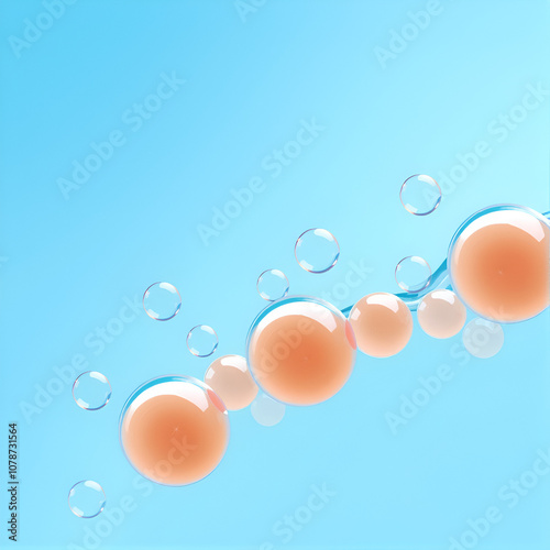 Sky blue abstract bubbles banner with copy space left.3d illustration micellar water. Reprodoctology, petrium dishes,oxygen molecules.Laboratory research and scientific.Transparent liquid, human eggs