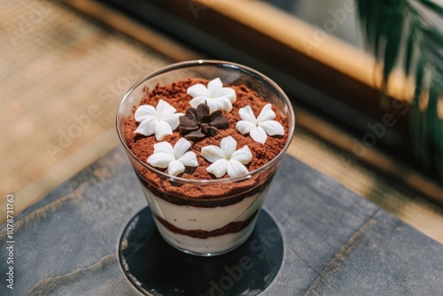 Tiramisu dessert in a glass cup garnished with chocolate and cream flowers.