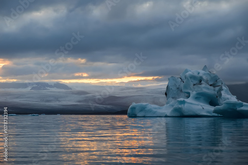 Beautiful iceberg in a glacier lagoon at sunset in South Iceland