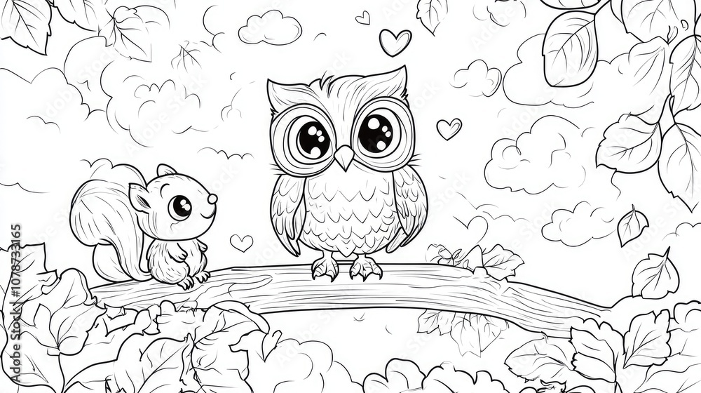 Fototapeta premium Cute Cartoon Owl and Squirrel Illustration