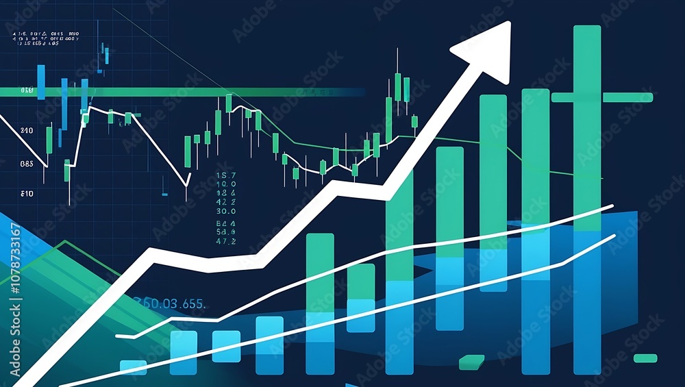 Modern 3D Financial Chart Illustration with White Upward-Trending Line, Green and Blue Bar Charts, Candlestick Patterns, and Bold Teal Numbers on Dark Background Modern 3D Financial Chart Illustration with White Upward-Trending Line, Green and Blue Bar Charts, Candlestick Patterns, and Bold Teal Numbers on Dark Background