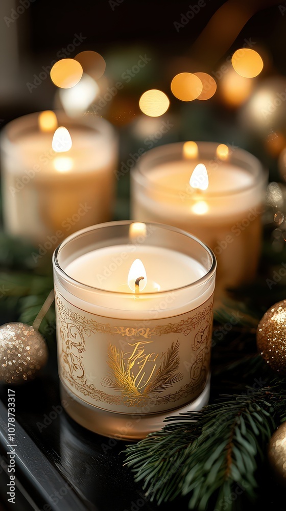  Three elegant candles surrounded by evergreen branches and ornaments, creating a cozy and warm holiday atmosphere.