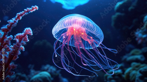 Ethereal Glow of a Bioluminescent Jellyfish Floating Gracefully in Vibrant Underwater Environment Surrounded by Colorful Coral Reefs and Mysterious Shadows