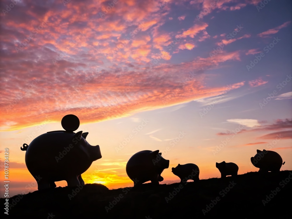 Creative Silhouette of Piggy Banks Against a Sunset Sky, Emphasizing Saving and Financial Growth with a Playful Twist in a Minimalistic Style Creative Silhouette of Piggy Banks Against a Sunset Sky, Emphasizing Saving and Financial Growth with a Playful Twist in a Minimalistic Style