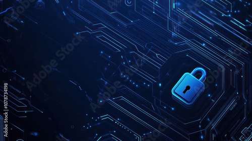 A blue padlock symbol on a dark blue background with glowing circuit board lines.