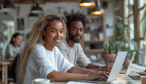 Wallpaper Mural Smilling black african american man and woman 30 years old in white t shirts with curly hair, working on laptops, typing of ideas in office and copywriting in modern white office.  Torontodigital.ca